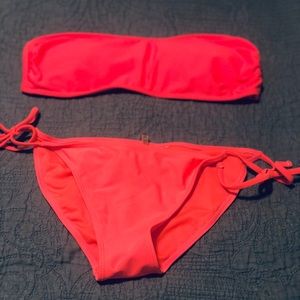Neon Pink Bandeau Bikini String Tie Bottom Size L
